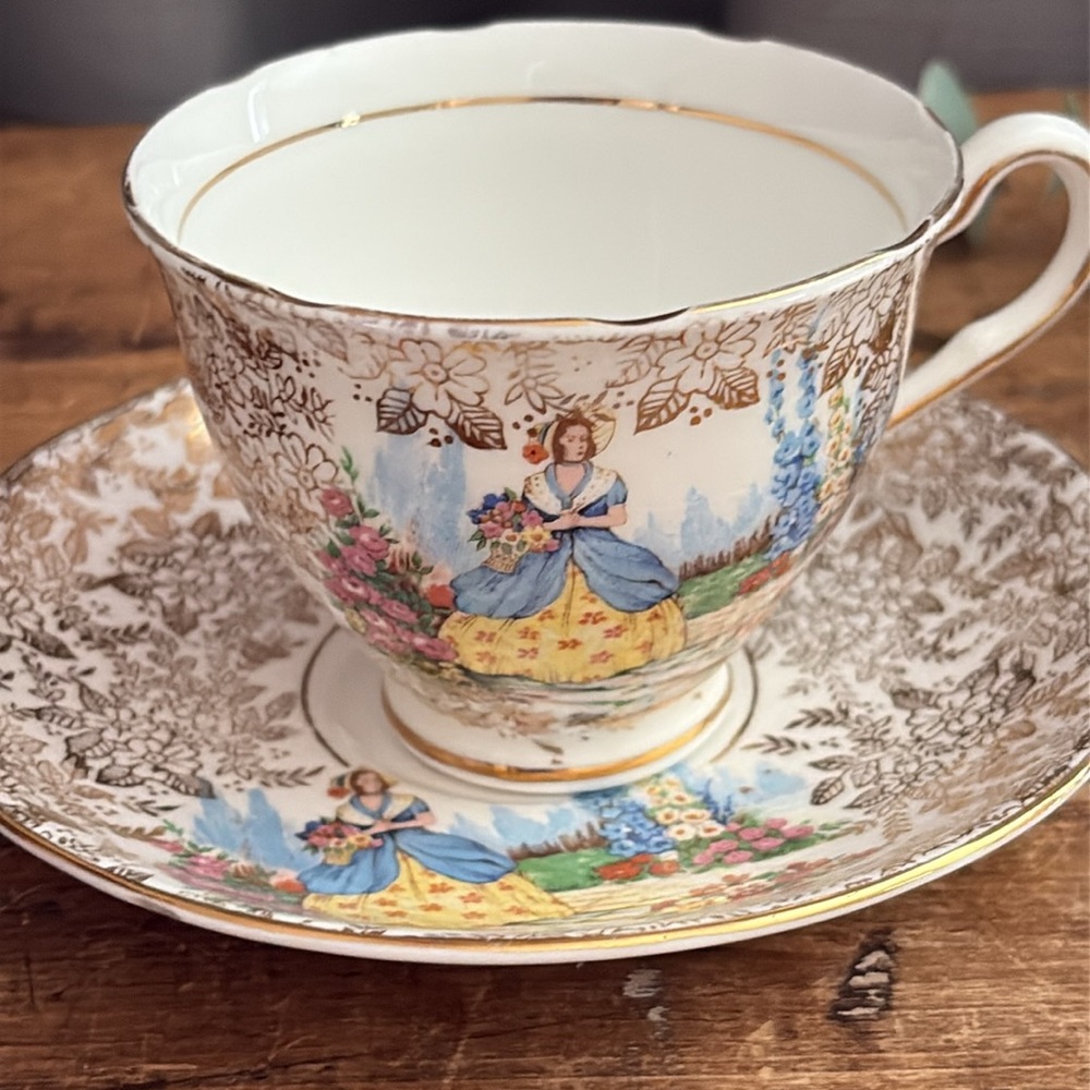 Vintage Colclough Bone China Teacup Saucer Crinoline Lady Gold Gilt